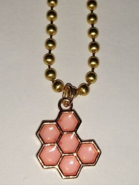 Pink Honey Gold Honeycomb Charm Pendant Necklace Ball Link Chain Choker or Long